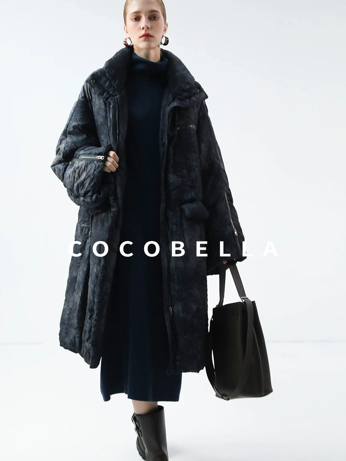 COCOBELLA 90% White Duck Down Straight Long Pleated Ink Blue Women City Down Jackets