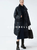 COCOBELLA 90% White Duck Down Straight Long Pleated Ink Blue Women City Down Jackets