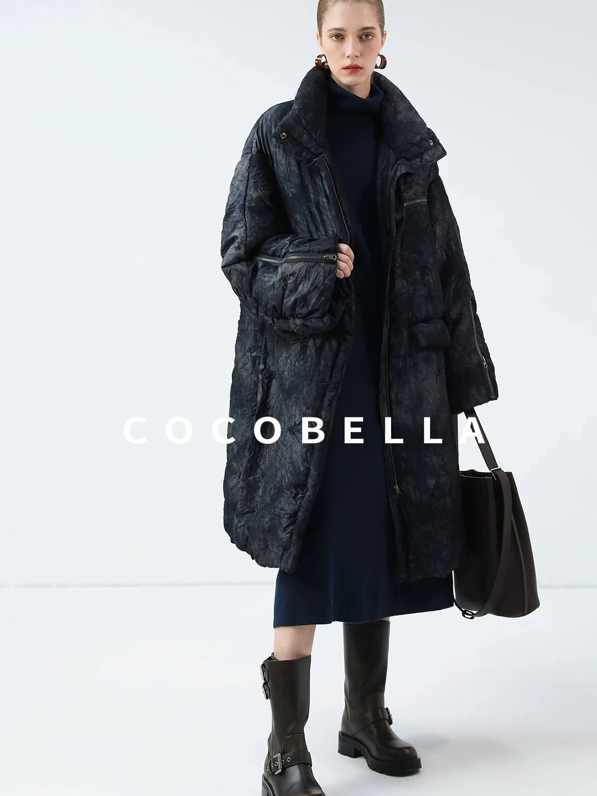 COCOBELLA 90% White Duck Down Straight Long Pleated Ink Blue Women City Down Jackets
