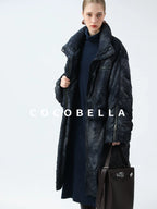 COCOBELLA 90% White Duck Down Straight Long Pleated Ink Blue Women City Down Jackets
