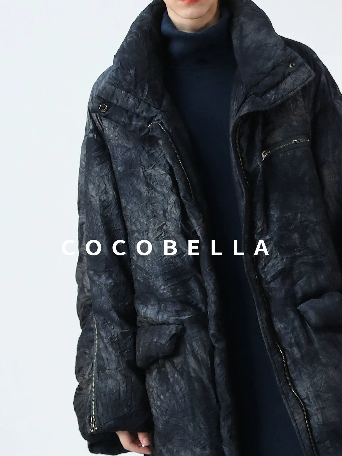 COCOBELLA 90% White Duck Down Straight Long Pleated Ink Blue Women City Down Jackets