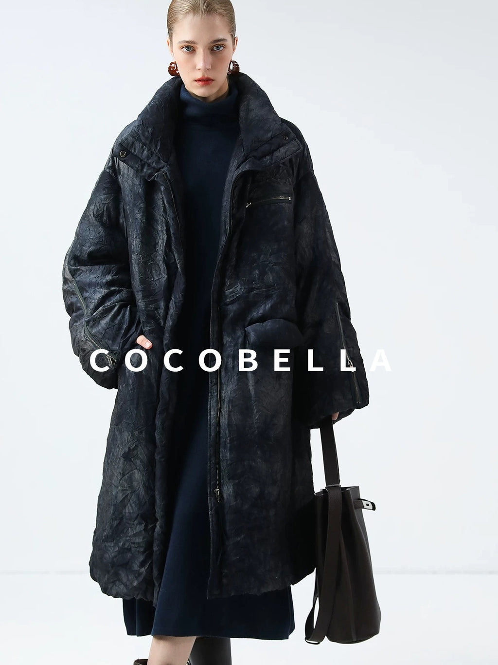 COCOBELLA 90% White Duck Down Straight Long Pleated Ink Blue Women City Down Jackets