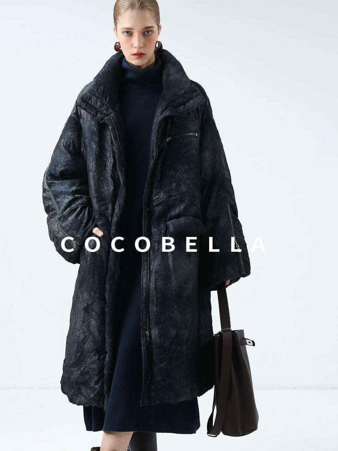 COCOBELLA 90% White Duck Down Straight Long Pleated Ink Blue Women City Down Jackets