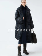 COCOBELLA 90% White Duck Down Straight Long Pleated Ink Blue Women City Down Jackets