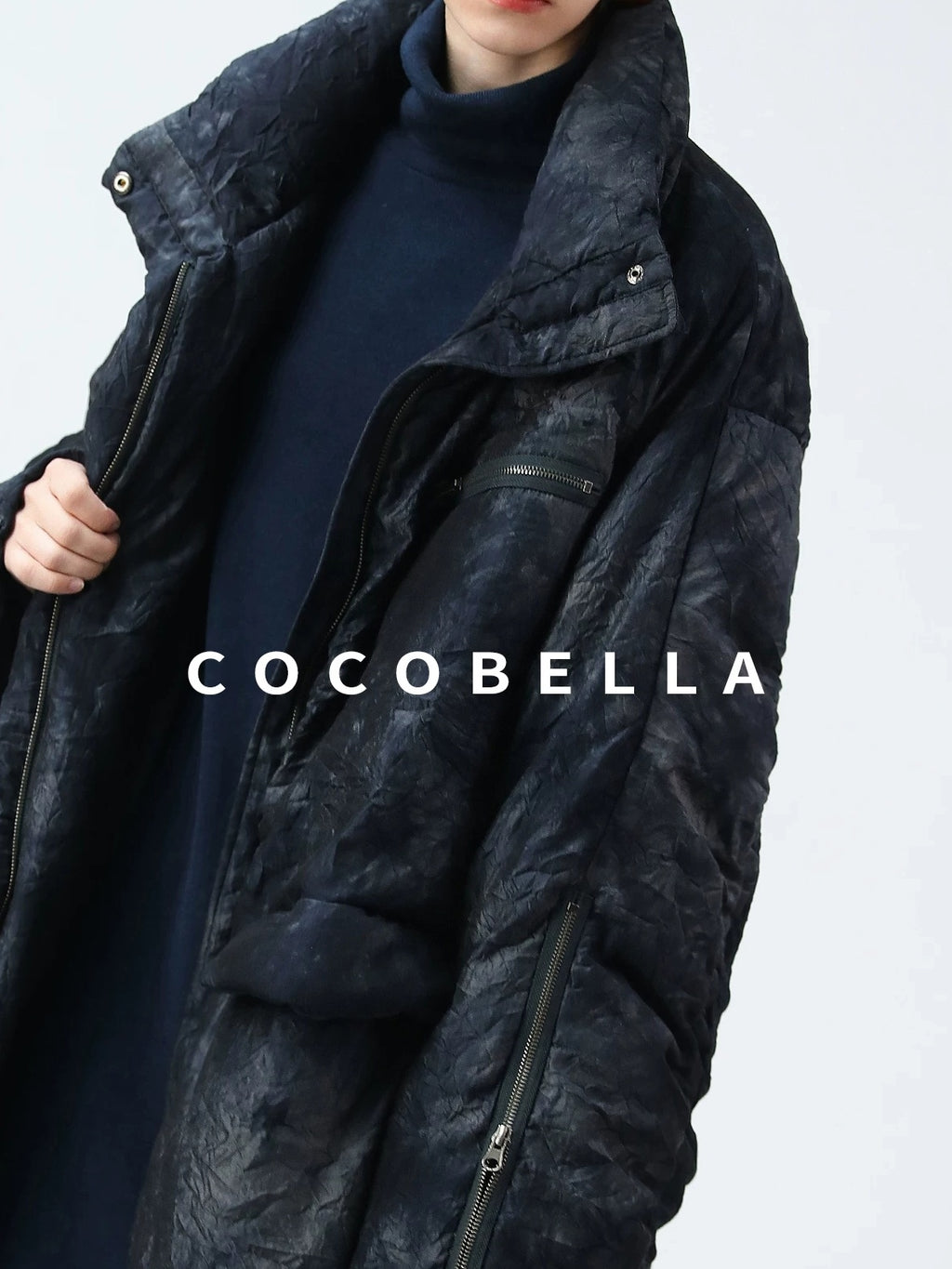 COCOBELLA 90% White Duck Down Straight Long Pleated Ink Blue Women City Down Jackets