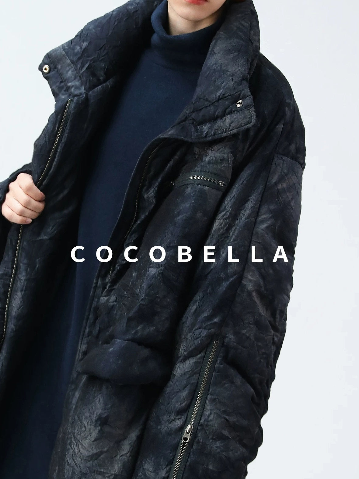 COCOBELLA 90% White Duck Down Straight Long Pleated Ink Blue Women City Down Jackets