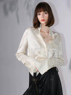 COCOBELLA Acetate Silk Finish Button Pleated Pocket Collared Long Sleeve Office Shirts