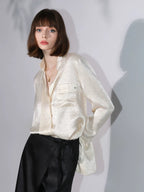 COCOBELLA Acetate Silk Finish Button Pleated Pocket Collared Long Sleeve Office Shirts