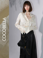 COCOBELLA Acetate Silk Finish Button Pleated Pocket Collared Long Sleeve Office Shirts