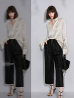 COCOBELLA Acetate Silk Finish Button Pleated Pocket Collared Long Sleeve Office Shirts