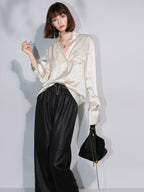 COCOBELLA Acetate Silk Finish Button Pleated Pocket Collared Long Sleeve Office Shirts