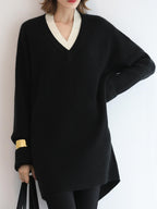 COCOBELLA Acrylic Blend V Neck Spliced Straight Long Sleeve Loose Office Black Dresses