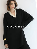 COCOBELLA Acrylic Blend V Neck Spliced Straight Long Sleeve Loose Office Black Dresses