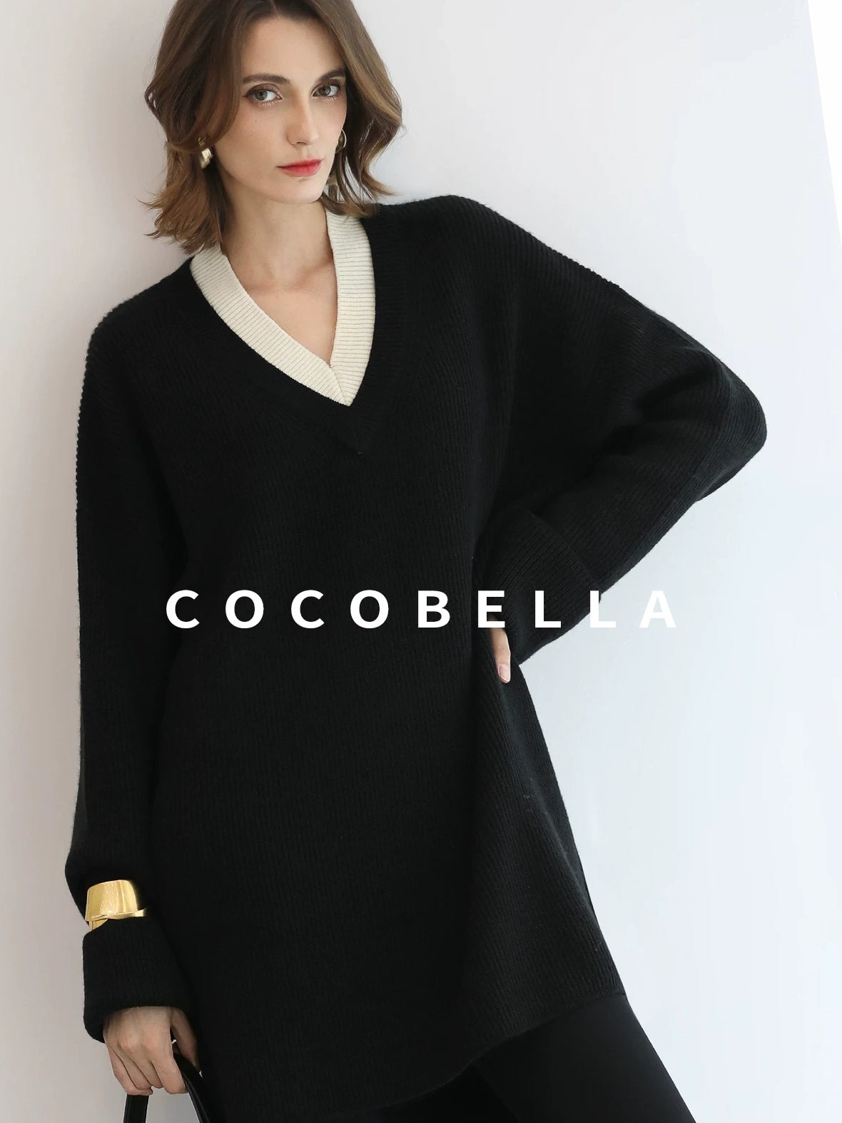 COCOBELLA Acrylic Blend V Neck Spliced Straight Long Sleeve Loose Office Black Dresses