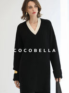 COCOBELLA Acrylic Blend V Neck Spliced Straight Long Sleeve Loose Office Black Dresses