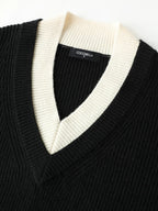 COCOBELLA Acrylic Blend V Neck Spliced Straight Long Sleeve Loose Office Black Dresses