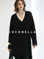 COCOBELLA Acrylic Blend V Neck Spliced Straight Long Sleeve Loose Office Black Dresses