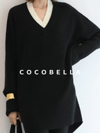 COCOBELLA Acrylic Blend V Neck Spliced Straight Long Sleeve Loose Office Black Dresses