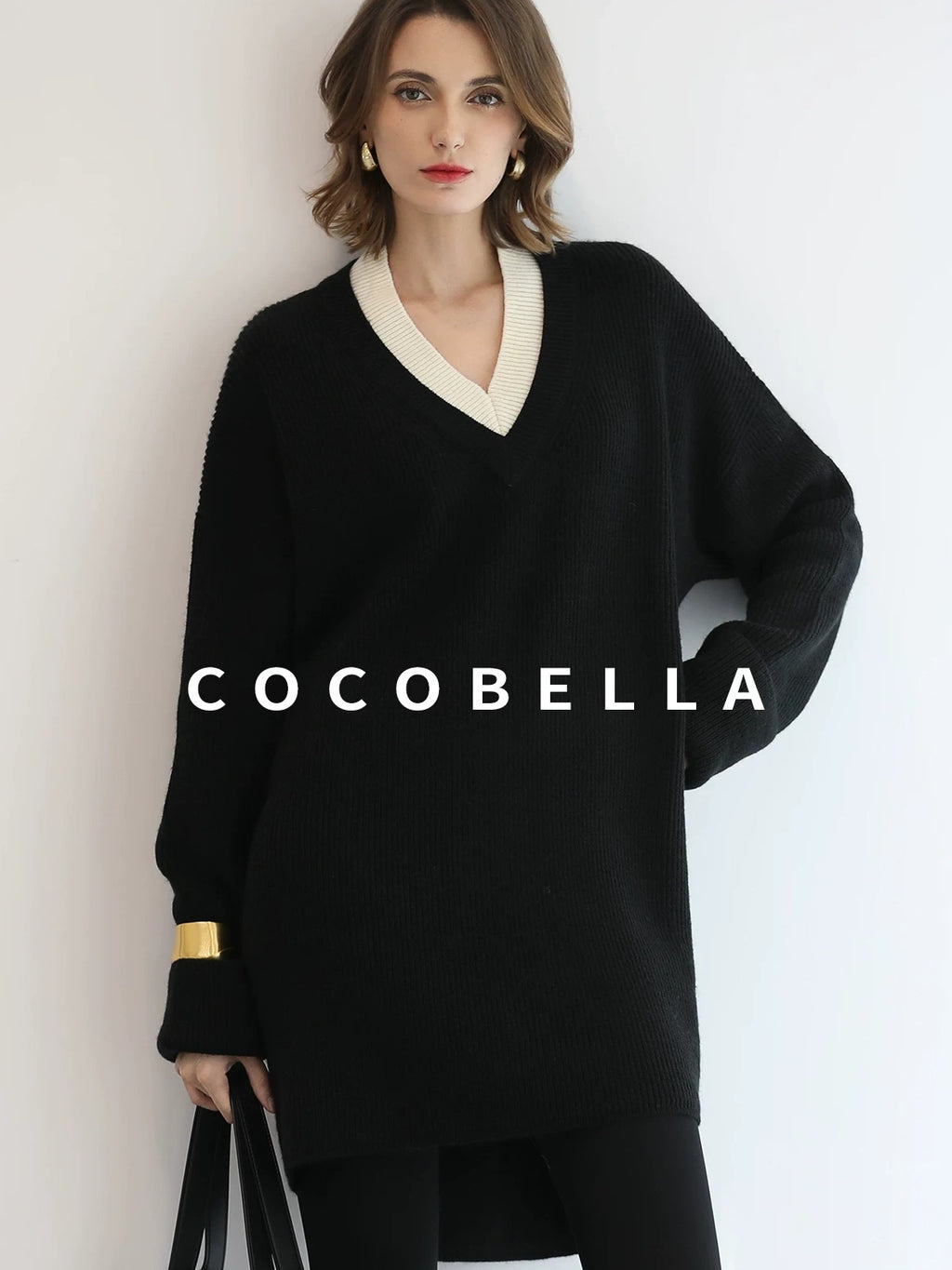 COCOBELLA Acrylic Blend V Neck Spliced Straight Long Sleeve Loose Office Black Dresses