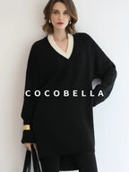 COCOBELLA Acrylic Blend V Neck Spliced Straight Long Sleeve Loose Office Black Dresses