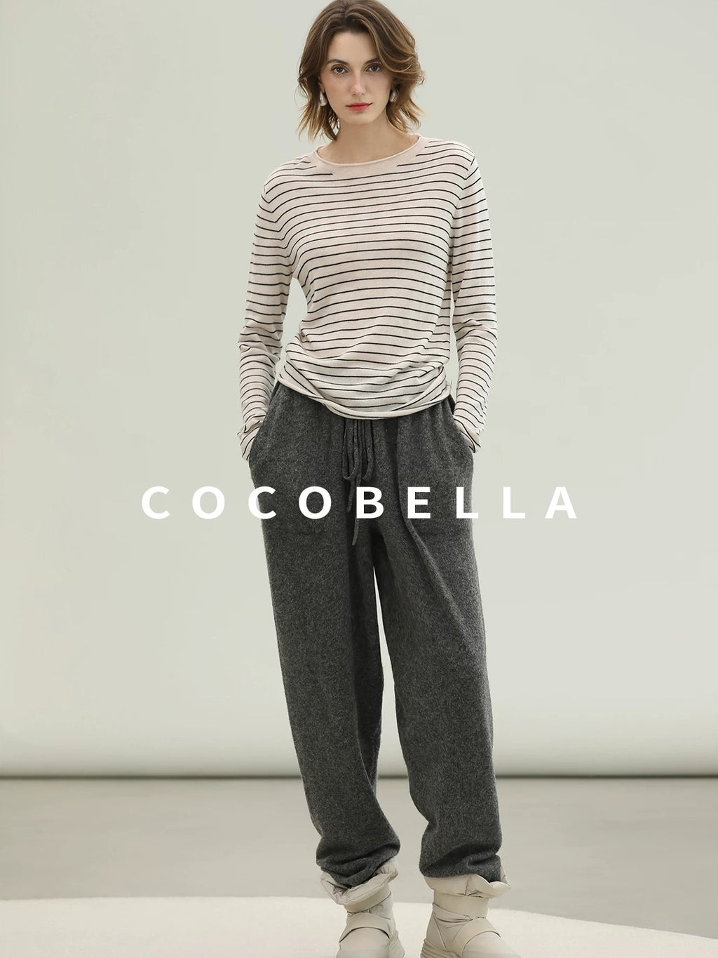COCOBELLA Acrylic Wool Blend Stripe Straight Fit Minimalist Workday Women Knit Sweater