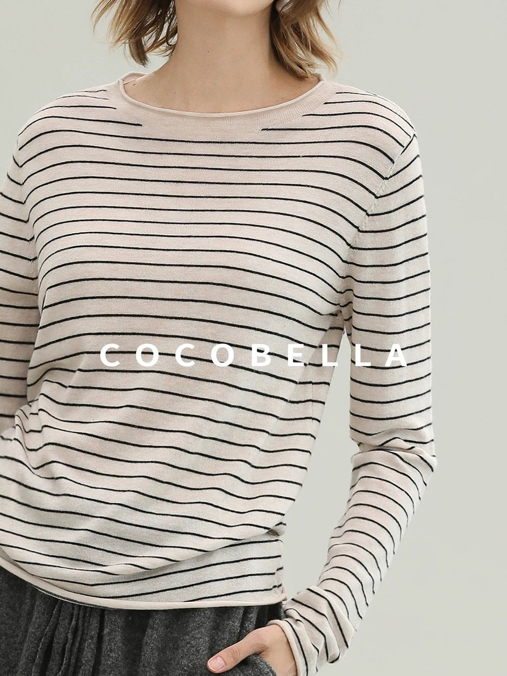 COCOBELLA Acrylic Wool Blend Stripe Straight Fit Minimalist Workday Women Knit Sweater