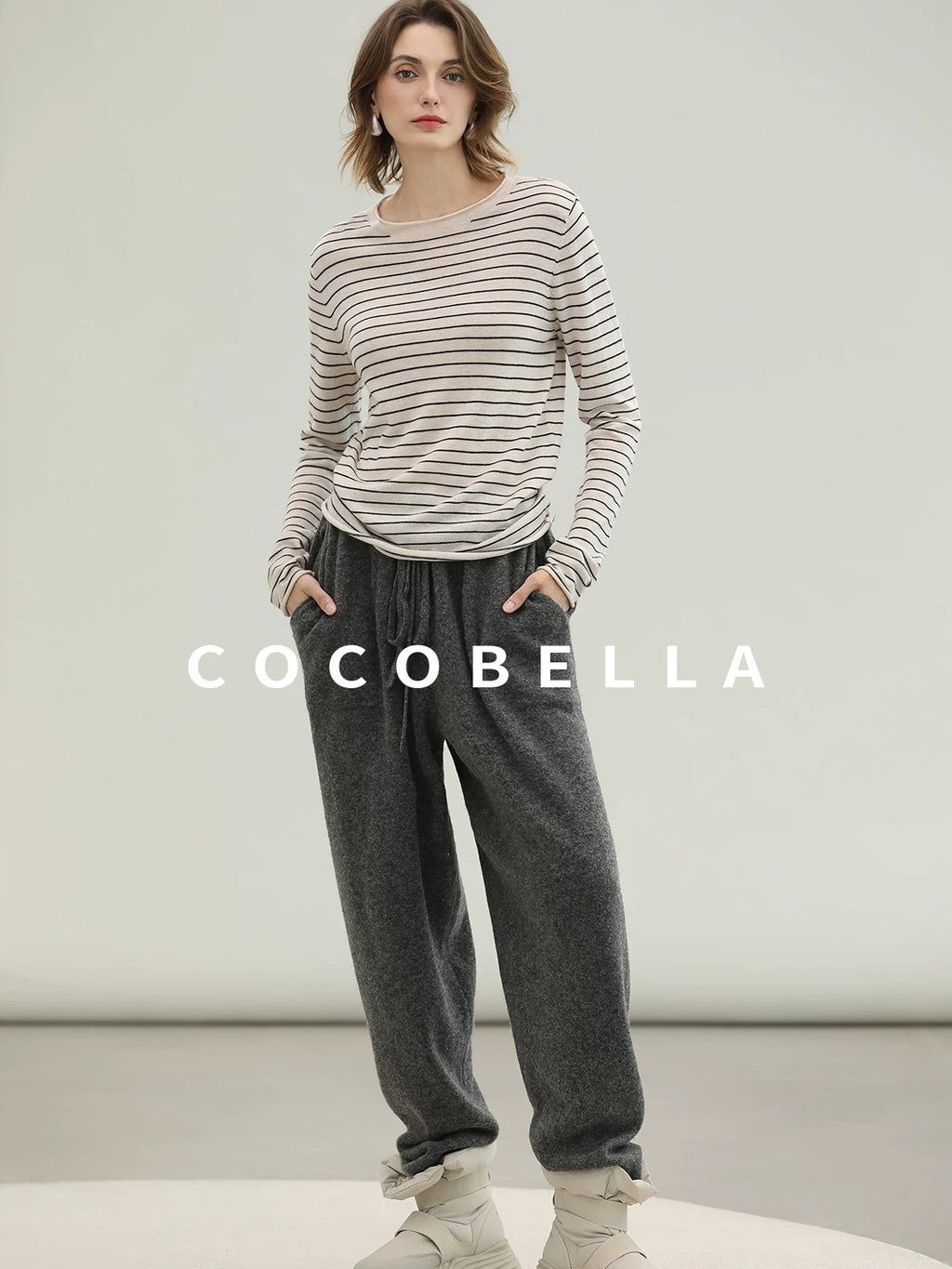 COCOBELLA Acrylic Wool Blend Stripe Straight Fit Minimalist Workday Women Knit Sweater