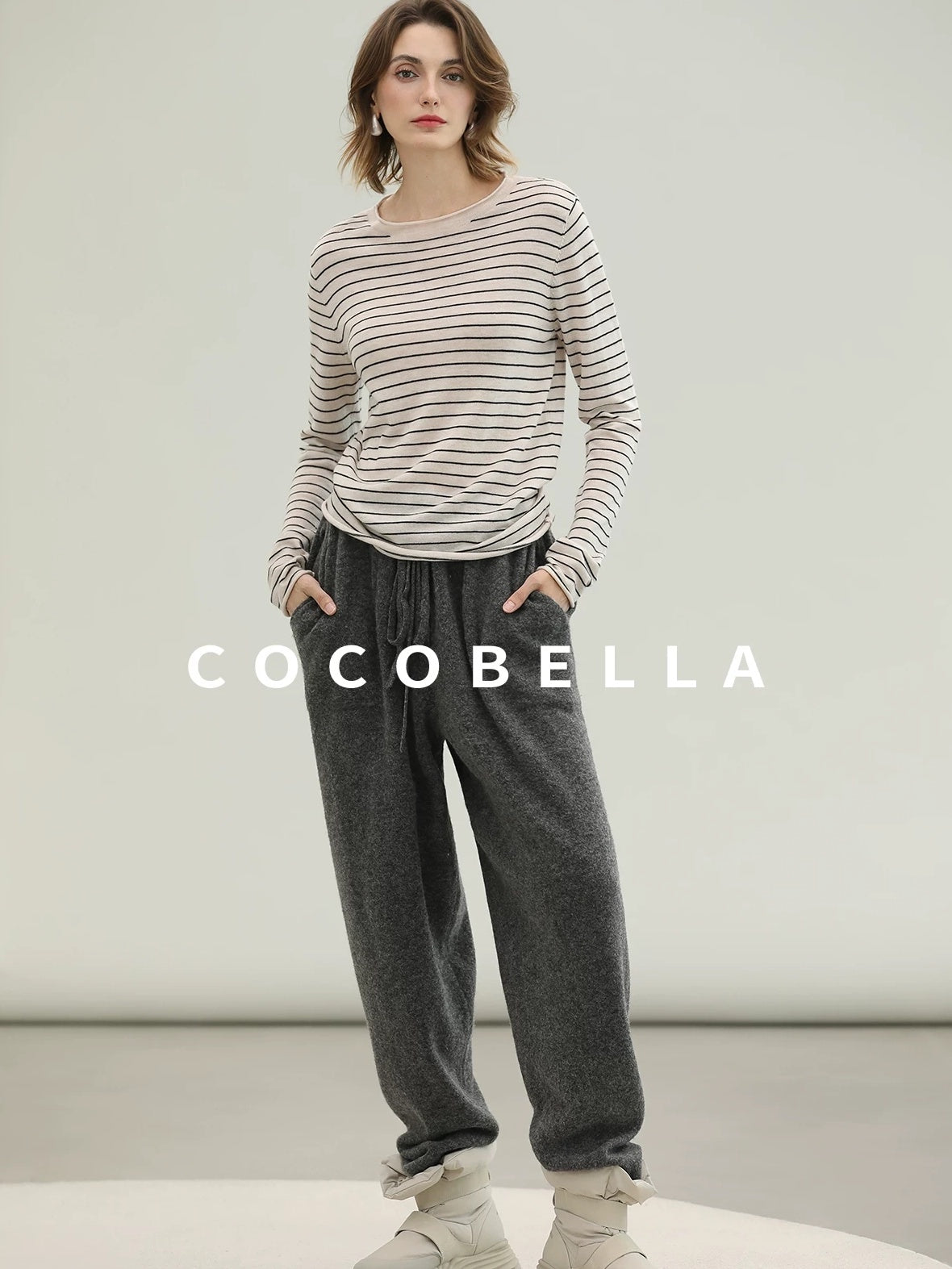COCOBELLA Acrylic Wool Blend Stripe Straight Fit Minimalist Workday Women Knit Sweater