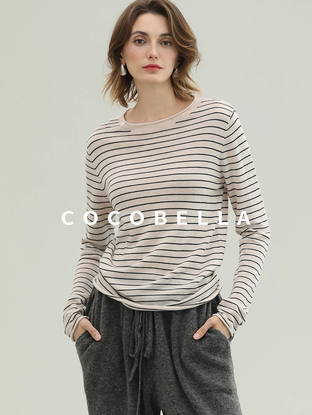 COCOBELLA Acrylic Wool Blend Stripe Straight Fit Minimalist Workday Women Knit Sweater