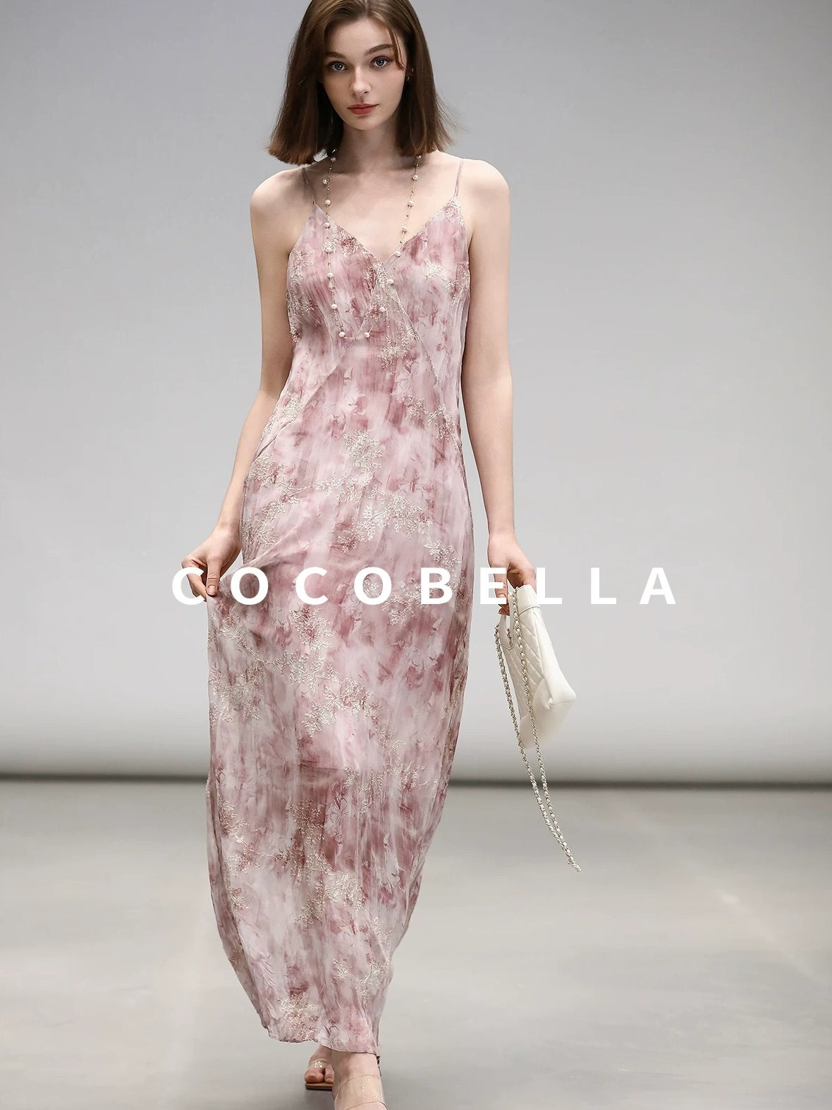 COCOBELLA Adjustable Straps Embroidered A Line V Neck Slip Dress Misty Rose Travel Dresses
