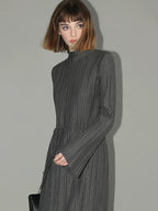 COCOBELLA Adjustable Waist Tie Mock Neck Pleated Slim Fit Long Sleeve Office Dresses
