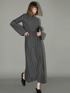 COCOBELLA Adjustable Waist Tie Mock Neck Pleated Slim Fit Long Sleeve Office Dresses