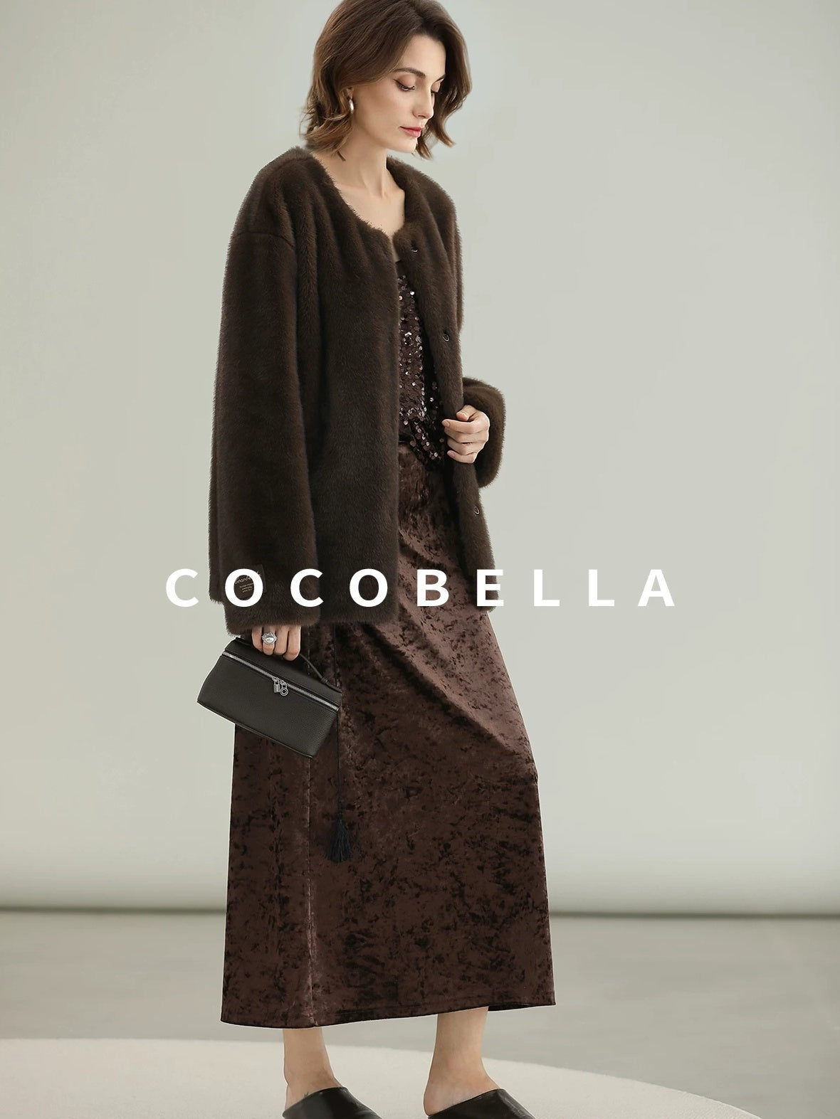 COCOBELLA All Over Faux Fur Short Straight Fit Office Women Coffee Brown Jackets
