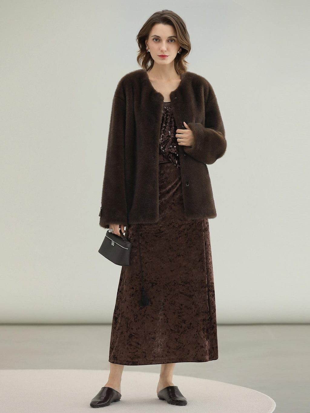 COCOBELLA All Over Faux Fur Short Straight Fit Office Women Coffee Brown Jackets