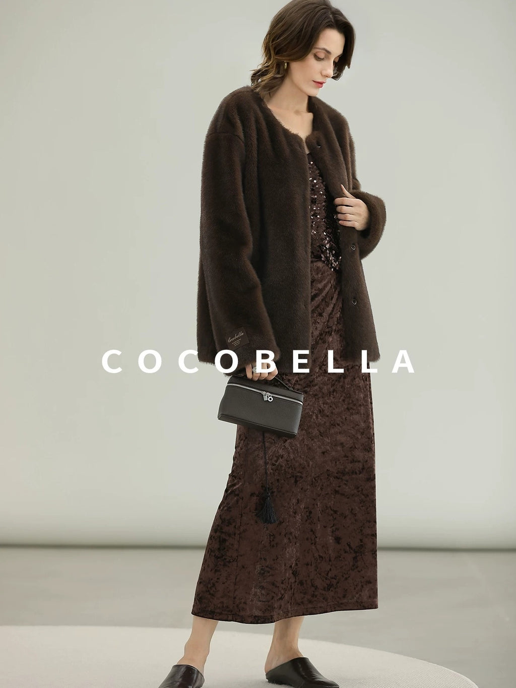 COCOBELLA All Over Faux Fur Short Straight Fit Office Women Coffee Brown Jackets