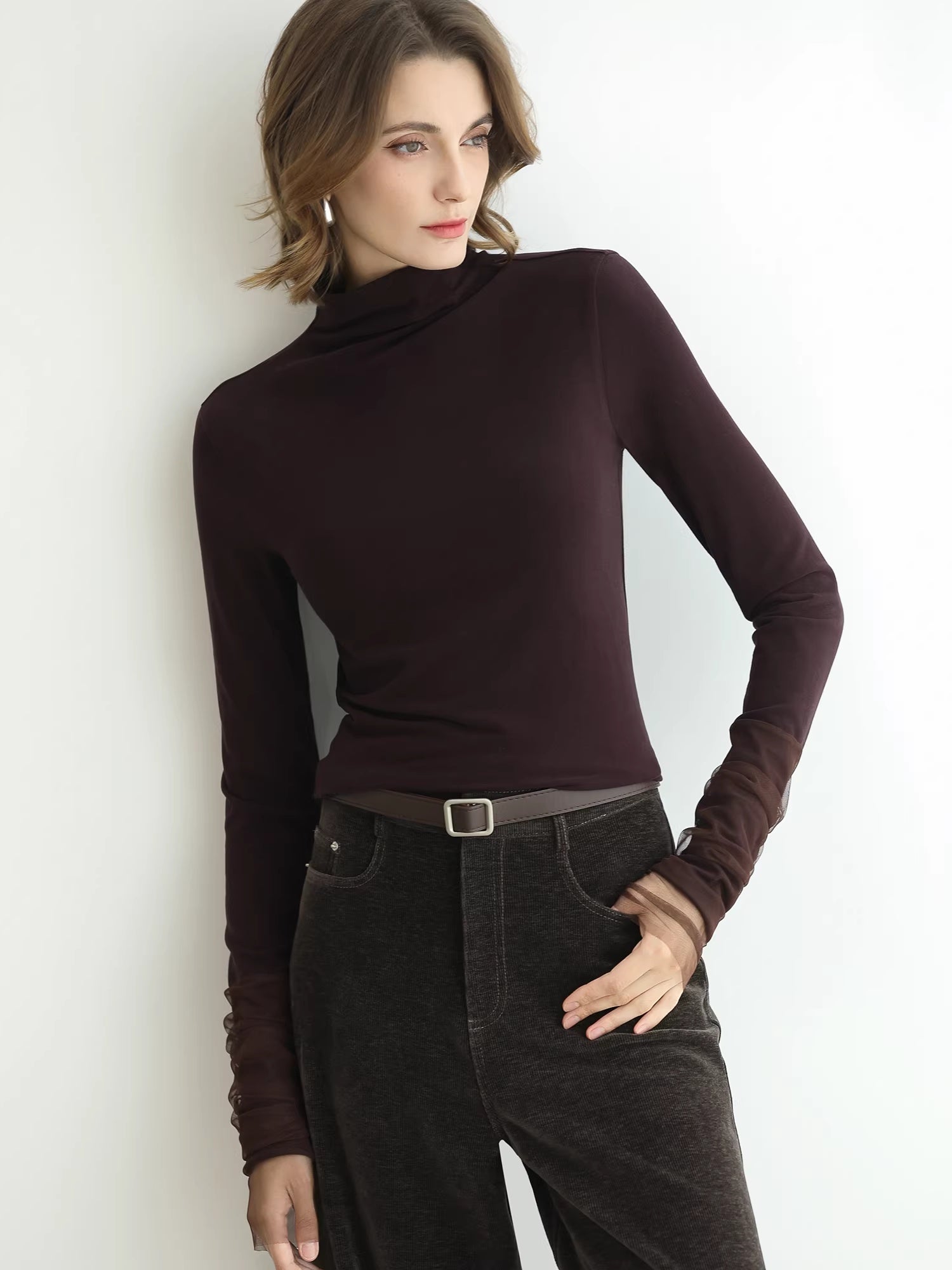 COCOBELLA_Anti_Static_Minimal_Slim_Fit_Mesh_Splice_High_Neck_Longsleeve_Women_Office_Shirts_MISSTT