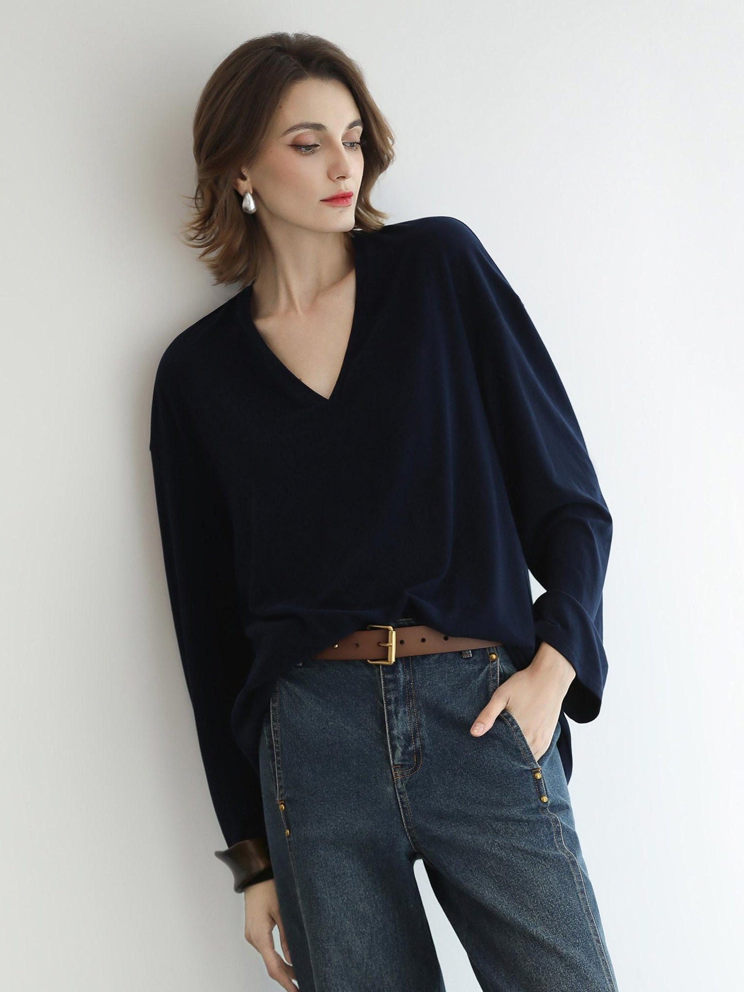 COCOBELLA Antistatic V Neck Loose Minimalist Women Viscose Blend Long Sleeve White Shirts