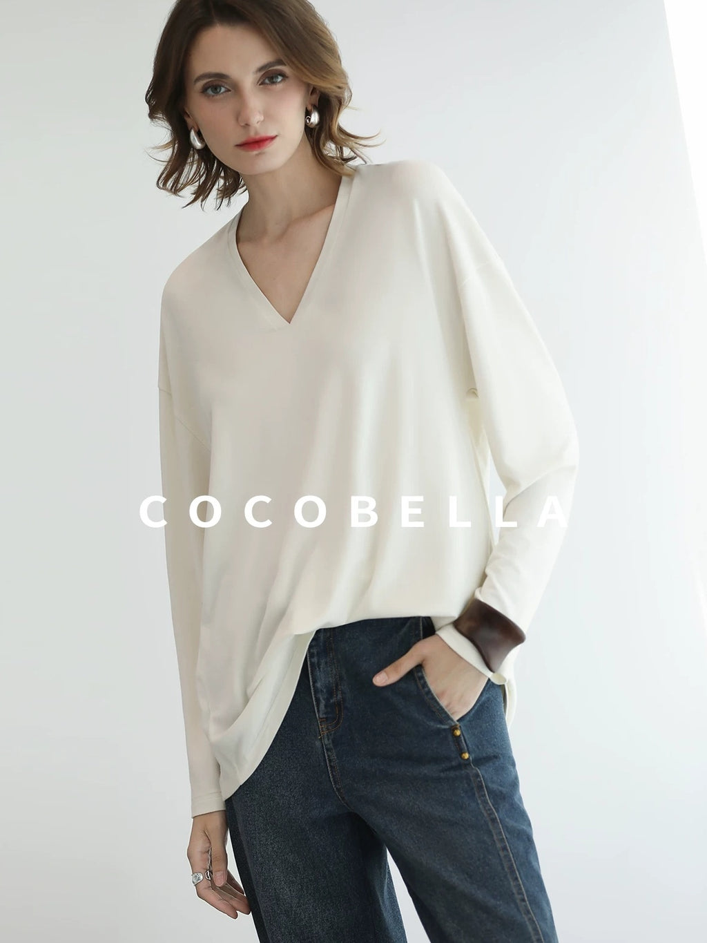 COCOBELLA Antistatic V Neck Loose Minimalist Women Viscose Blend Long Sleeve White Shirts