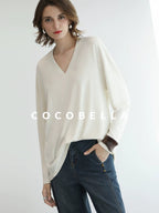 COCOBELLA Antistatic V Neck Loose Minimalist Women Viscose Blend Long Sleeve White Shirts