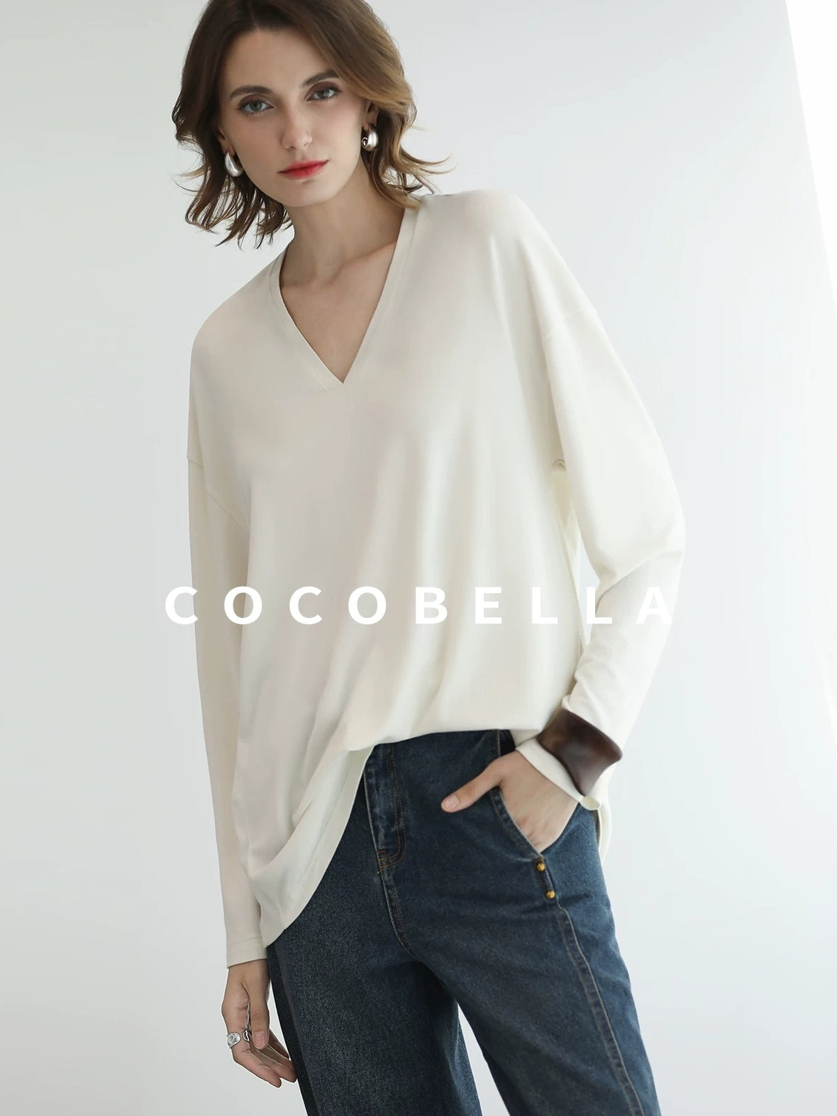 COCOBELLA Antistatic V Neck Loose Minimalist Women Viscose Blend Long Sleeve White Shirts