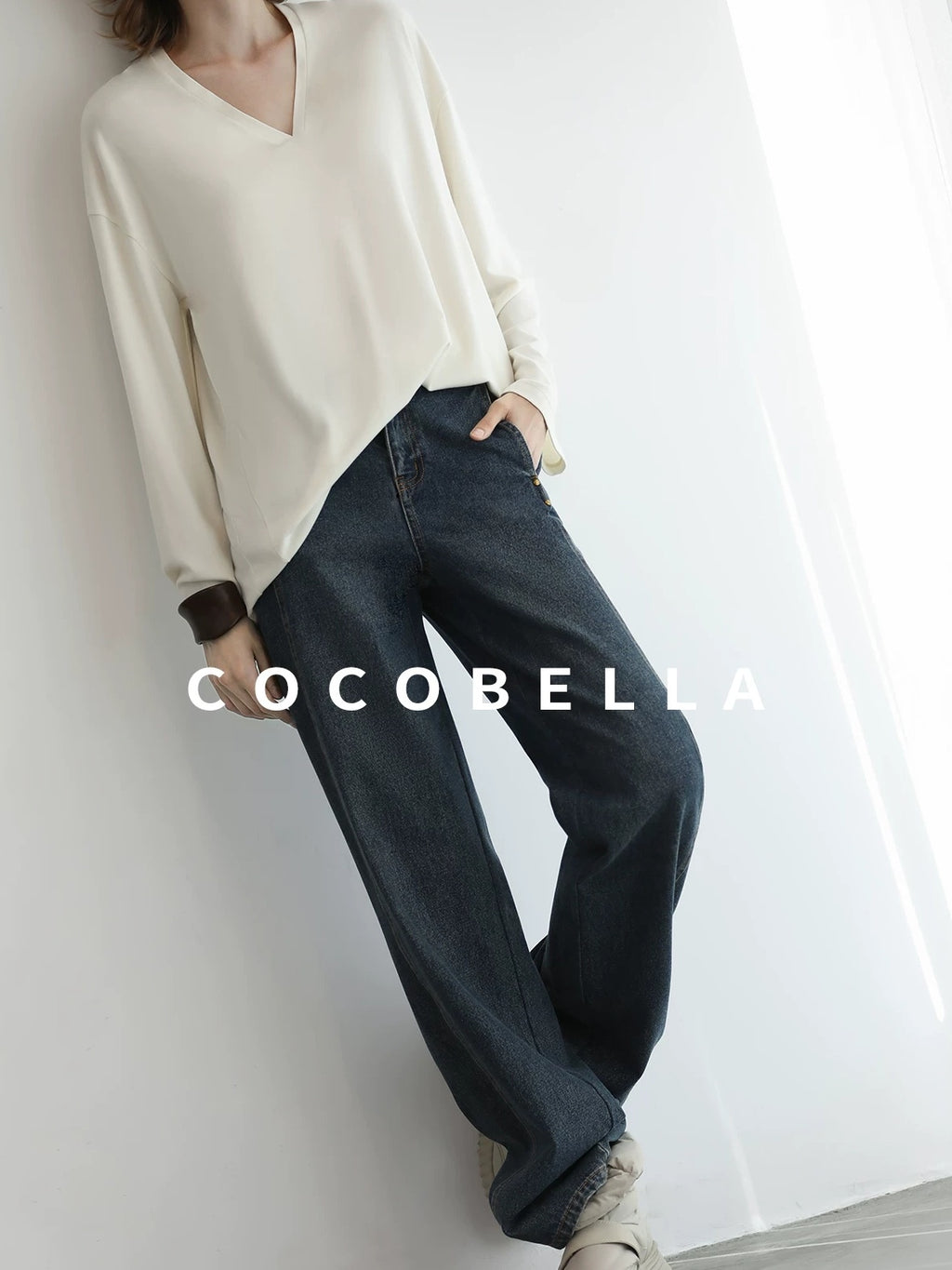 COCOBELLA Antistatic V Neck Loose Minimalist Women Viscose Blend Long Sleeve White Shirts