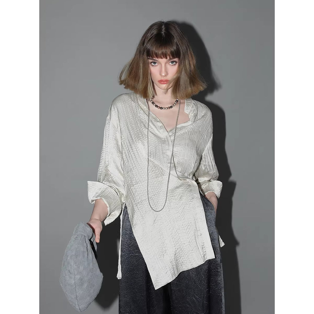 COCOBELLA_Asymmetric_Pleat_Straight_Stand_Collar_Office_Women_Long_Sleeve_Shirts_MISSTT