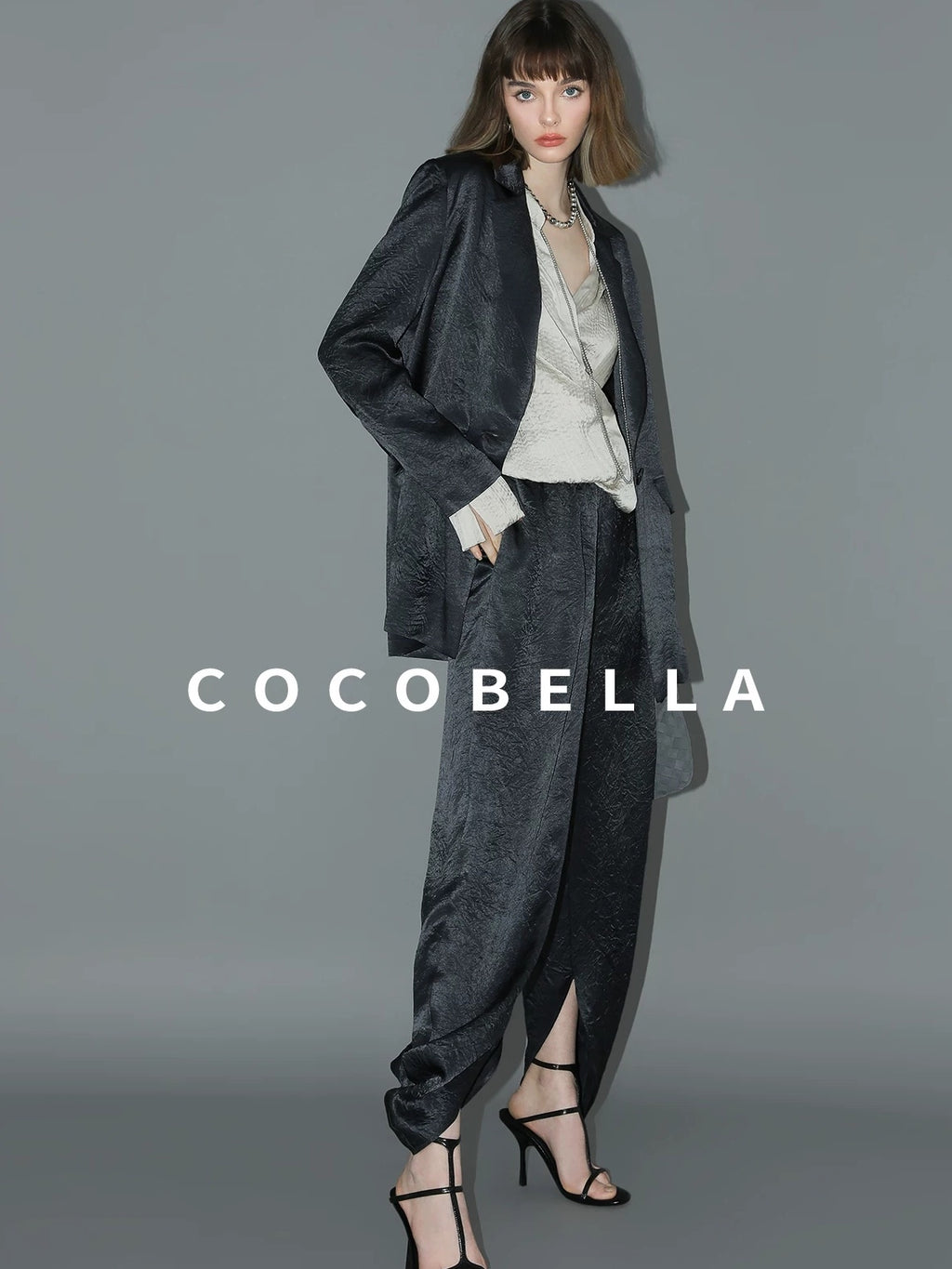 COCOBELLA Asymmetric Pleat Straight Stand Collar Office Women Long Sleeve Shirts