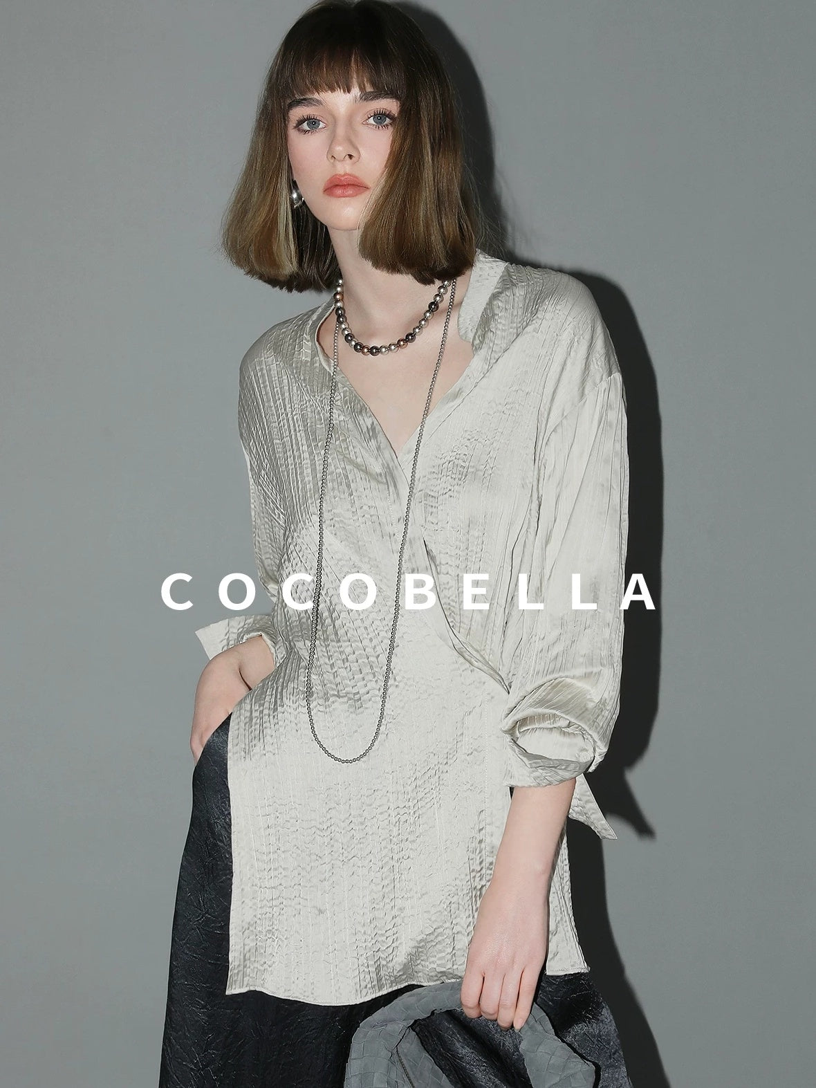 COCOBELLA Asymmetric Pleat Straight Stand Collar Office Women Long Sleeve Shirts