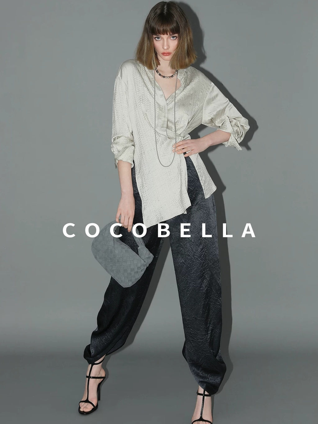 COCOBELLA Asymmetric Pleat Straight Stand Collar Office Women Long Sleeve Shirts