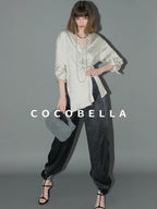 COCOBELLA Asymmetric Pleat Straight Stand Collar Office Women Long Sleeve Shirts