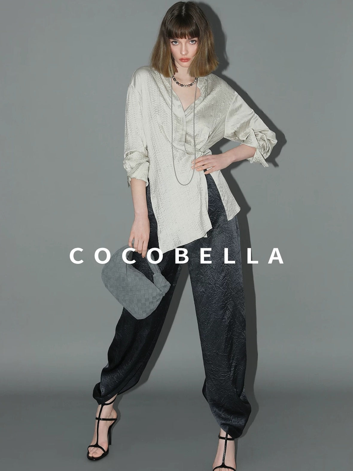 COCOBELLA Asymmetric Pleat Straight Stand Collar Office Women Long Sleeve Shirts