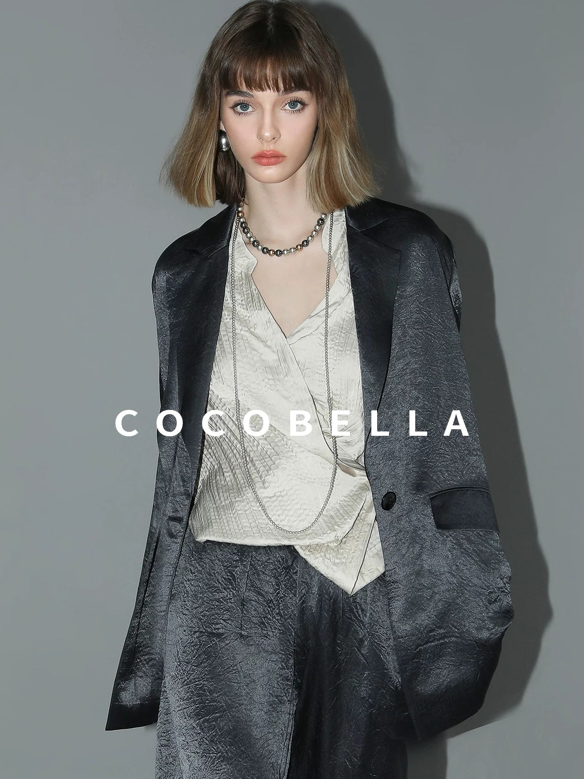 COCOBELLA Asymmetric Pleat Straight Stand Collar Office Women Long Sleeve Shirts