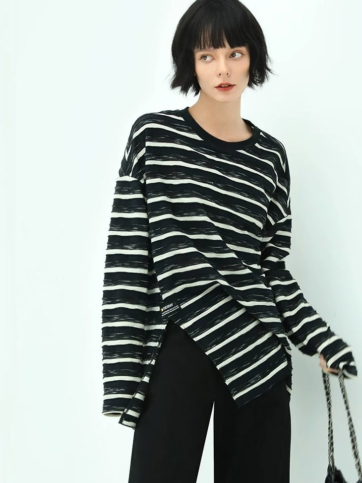 COCOBELLA Asymmetrical Striped Long Sleeve Pullover Straight Fit Commuter Women Shirts