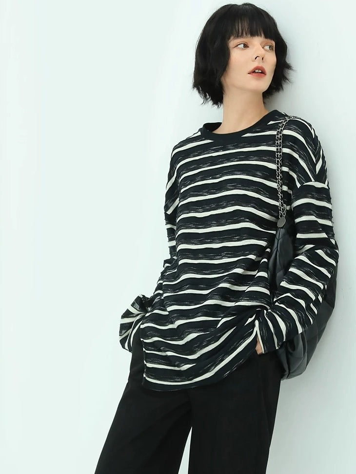 COCOBELLA Asymmetrical Striped Long Sleeve Pullover Straight Fit Commuter Women Shirts